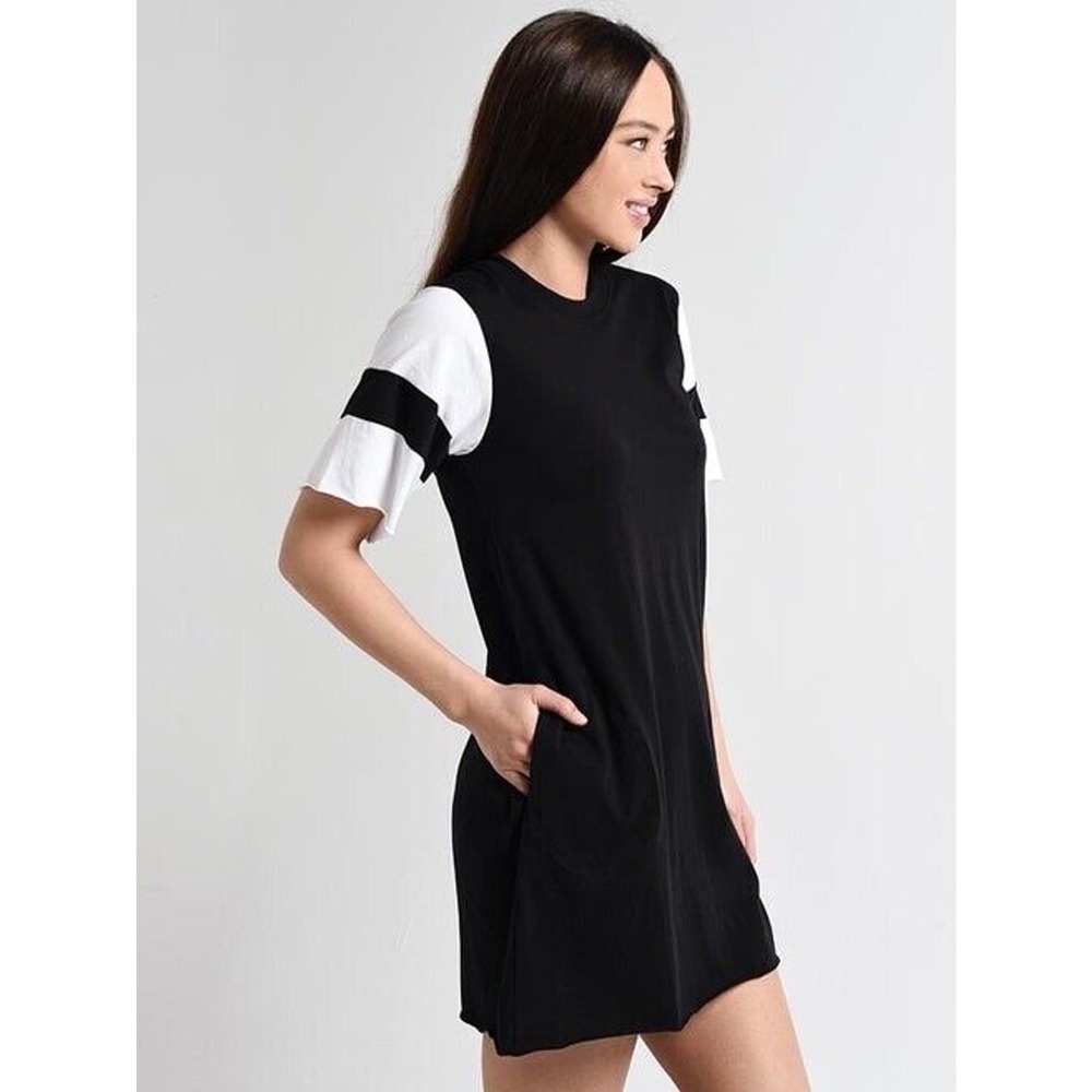 ATM Small Dress Classic Jersey Striped‎ Sleeve Crew Neck Tee Shirt Mini Pockets